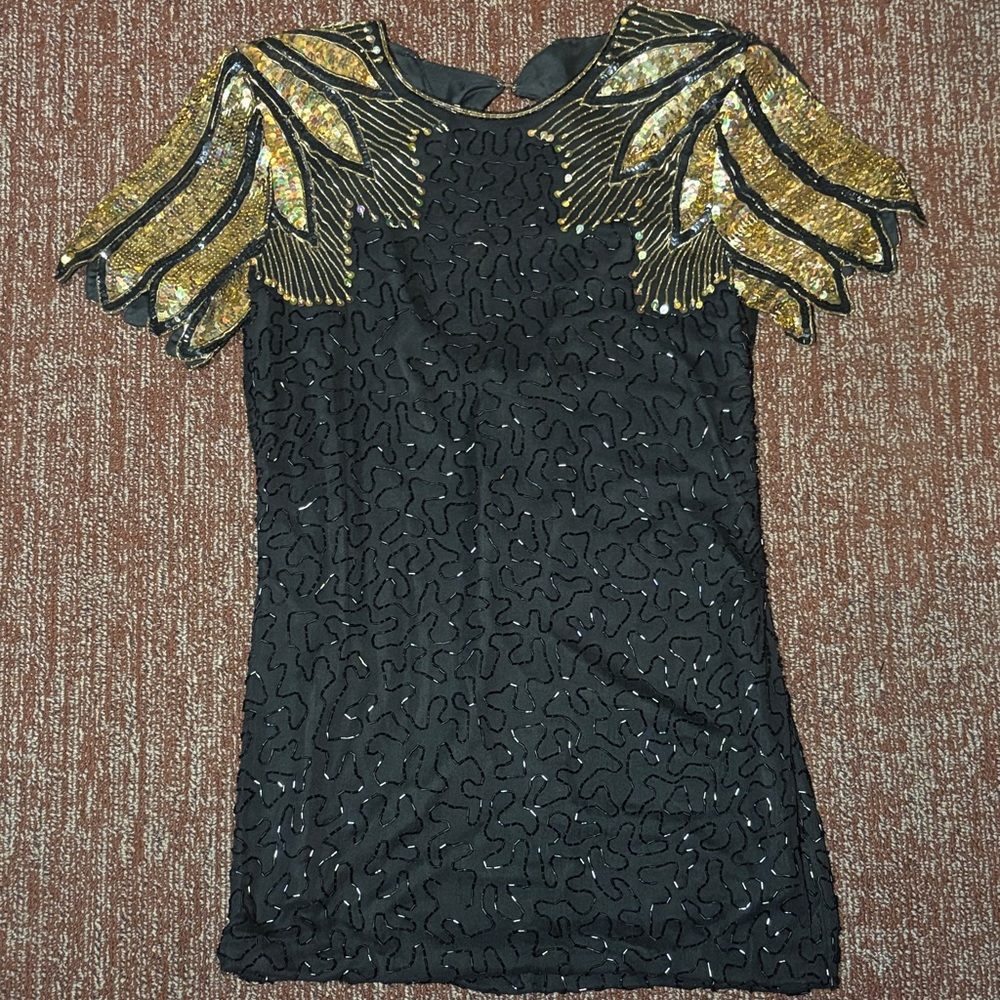 Black/Gold Sequin mini dress deco beaded women’s event evening dress M